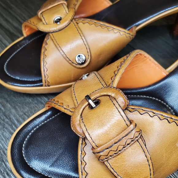 COLE HAAN Brown Leather Opened Toe Heeled Mules with Buckle - Picture 4 of 9